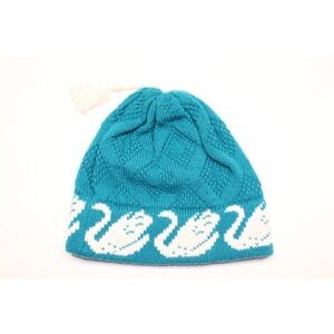 Blue White Swan Print Beanie Hat Handmade Knit by Shirley Lanpher Waterville VT